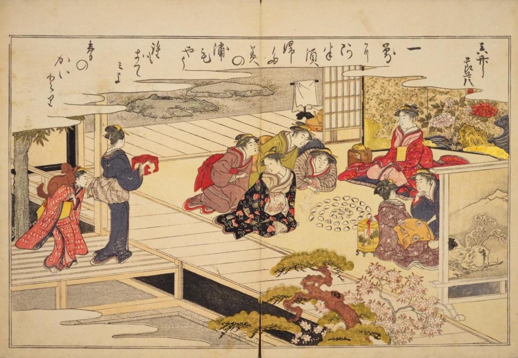 江戸時代に貝合わせに興じる様子を喜多川歌麿も描いている